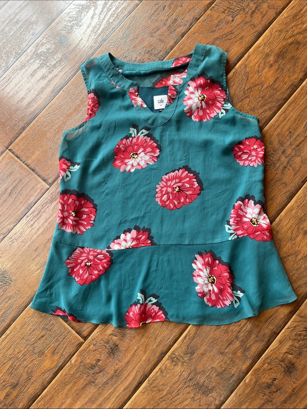 Cabi Green Floral Peplum Tank with Pink Red Blooms - Size Medium